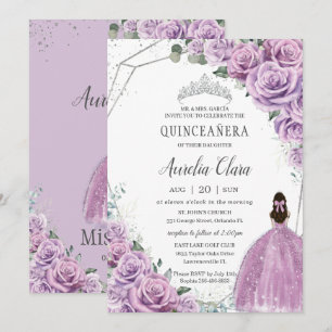 Invitation Quinceañera Purple Floral Princess Argent Annivers