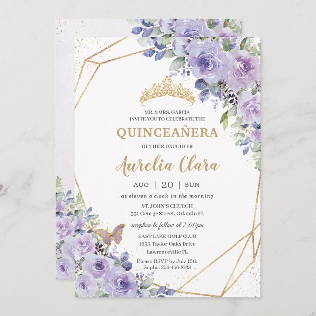 Invitation Quinceañera Purple Floral Princess Crown Butterfly (Devant / Derrière)