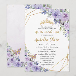 Invitation Quinceañera Purple Floral Princess Crown Butterfly