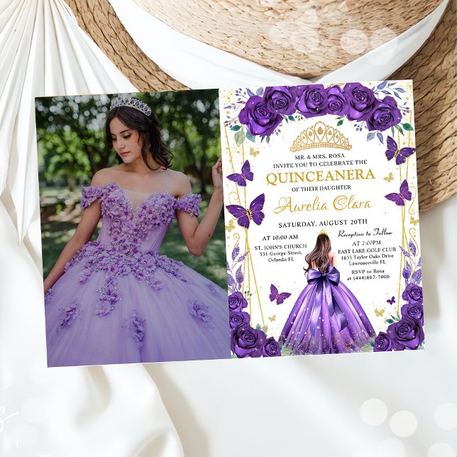 Invitation Quinceañera Purple Floral Princess Papillons (Créateur téléchargé)