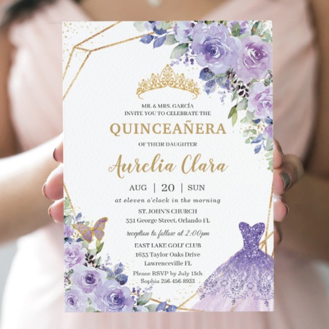 Invitation Quinceañera Purple Floral Princesse Gown Tiara Inv (Créateur téléchargé)