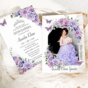 Invitation Quinceañera Purple Floral Rose Papillons photo