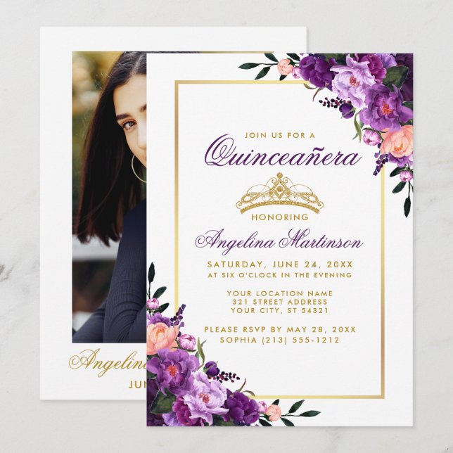Invitation Quinceanera Purple Florple Gold Crown Photo Retour (Devant / Derrière)