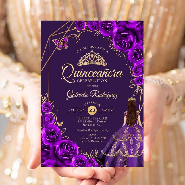 Invitation Quinceanera Purple Gold Dress Floral (Créateur téléchargé)