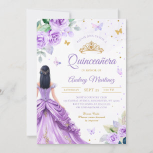 Invitation Quinceanera Purple Gold Rose Butterfly Princess