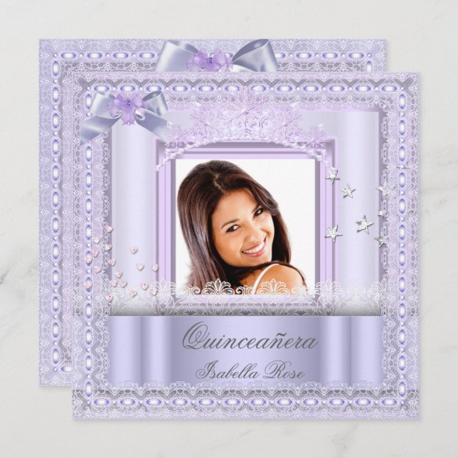 Invitation Quinceanera Purple Lace Party Photo Lilac (Devant / Derrière)