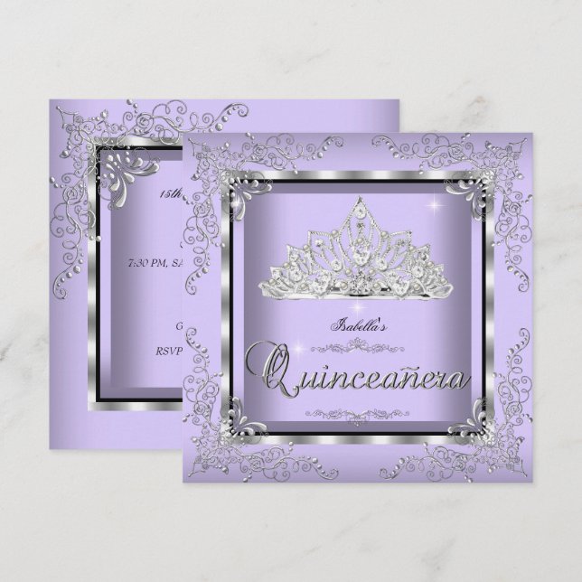 Invitation Quinceanera Purple Lavande Silver Diamond Tiara 3 (Devant / Derrière)