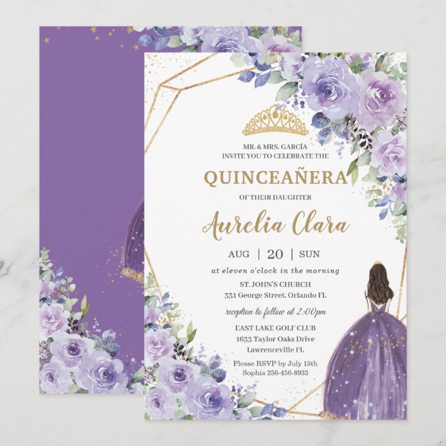 Invitation Quinceañera Purple Lavender Floral Gold Princess (Devant / Derrière)