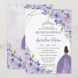 Invitation Quinceañera Purple Lavender Floral Silver Princess