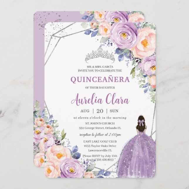 Invitation Quinceañera Purple Lilac Blush Floral Argent Robe (Devant / Derrière)