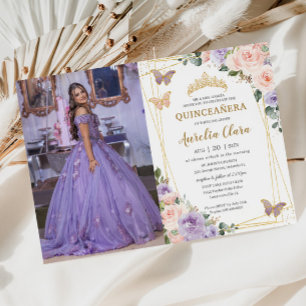 Invitation Quinceañera Purple Lilac Blush Floral Papillons