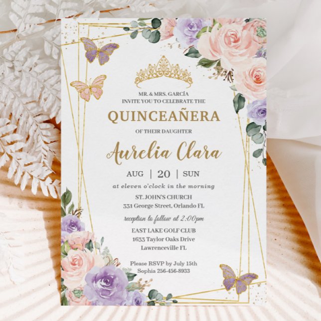 Invitation Quinceañera Purple Lilac Blush Floral Papillons (Créateur téléchargé)