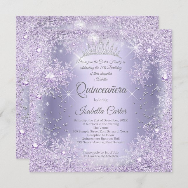 Invitation Quinceanera Purple Lilac Fête d'hiver (Devant / Derrière)