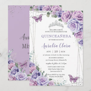 Invitation Quinceañera Purple Lilac Floral Papillons Argent