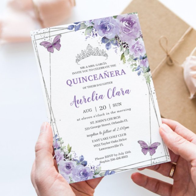 Invitation Quinceañera Purple Lilac Floral Papillons Argent (Créateur téléchargé)