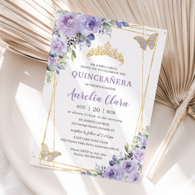 Invitation Quinceañera Purple Lilac Floral Papillons Tiara (purple-lilac-lavender-floral-butterflies-silver-quinceanera-birthday-sweet-sixteen-invitation-cards)