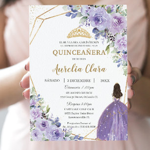 Invitation Quinceañera Purple Lilac Floral Princess Espagnol