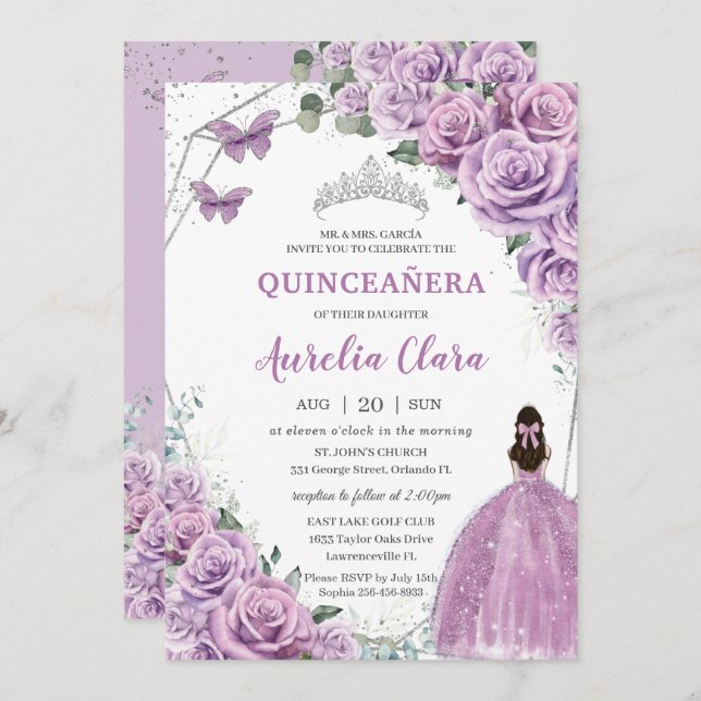 Invitation Quinceañera Purple Lilac Floral Princesse Annivers (Devant / Derrière)