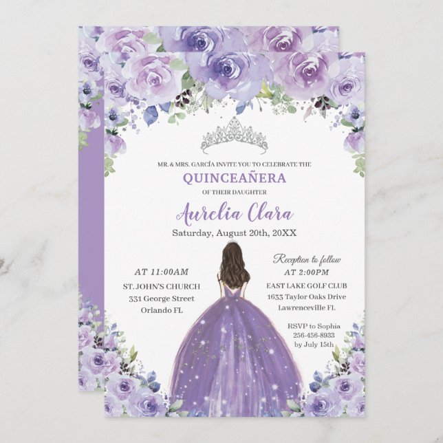 Invitation Quinceañera Purple Lilac Floral Princesse Annivers (Devant / Derrière)