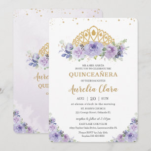 Invitation Quinceañera Purple Lilac Floral Princesse Tiara