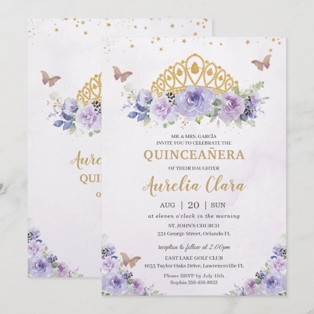 Invitation Quinceañera Purple Lilac Floral Tiara Papillons (Devant / Derrière)