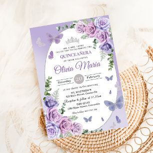 Invitation Quinceañera Purple Lilac Floral Tiara Papillons