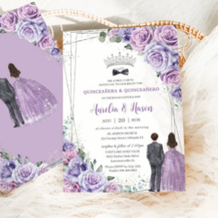 Invitation Quinceañera Purple Lilac Floral Twins Garçon Girl