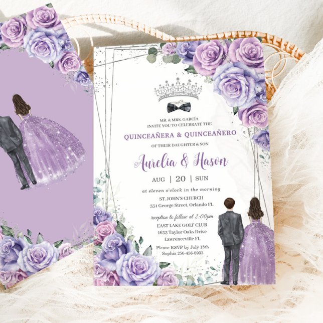 Invitation Quinceañera Purple Lilac Floral Twins Garçon Girl (Créateur téléchargé)