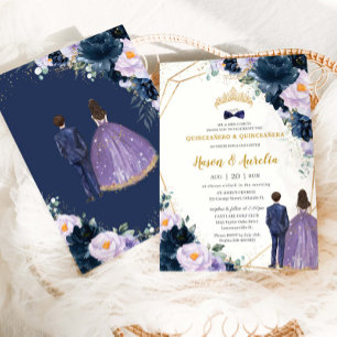Invitation Quinceañera Purple Lilac Navy Blue Floral Twins