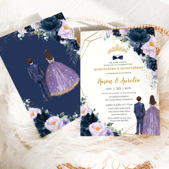 Invitation Quinceañera Purple Lilac Navy Blue Floral Twins (Créateur téléchargé)