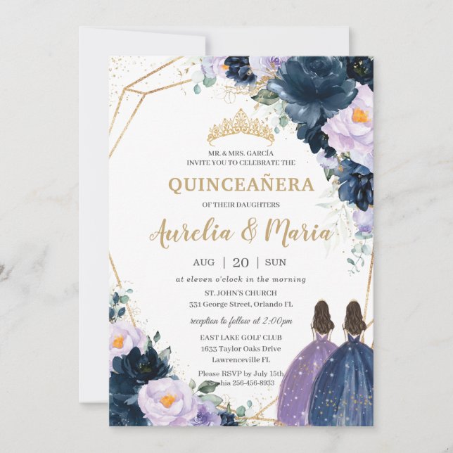 Invitation Quinceañera Purple Lilac Navy Blue Floral Twins (Devant)