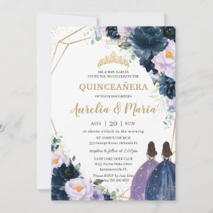 Invitation Quinceañera Purple Lilac Navy Blue Floral Twins