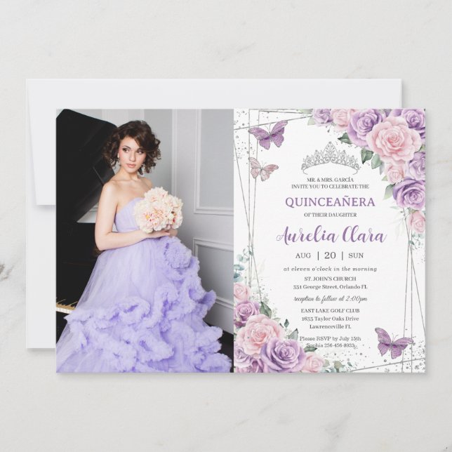 Invitation Quinceañera Purple Lilac Pink Floral Papillons (Devant)