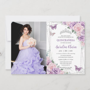 Invitation Quinceañera Purple Lilac Pink Floral Papillons