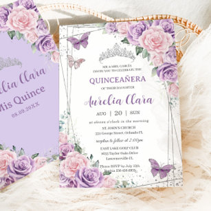 Invitation Quinceañera Purple Lilac Pink Floral Papillons