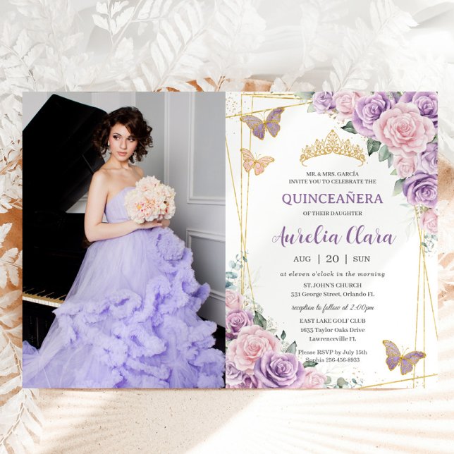 Invitation Quinceañera Purple Lilac Pink Floral Papillons (Créateur téléchargé)