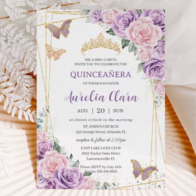 Invitation Quinceañera Purple Lilac Pink Floral Papillons (purple lilac pale pink roses floral quinceanera xv birthday invitation cards printed and digital)