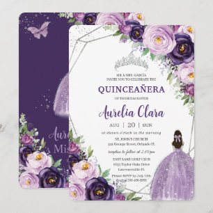Invitation Quinceañera Purple Lilac Plum Floral Argent Robe