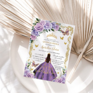 Invitation Quinceañera Purple Lilac Rose Floral Gold Princess