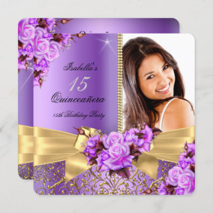 Invitation Quinceanera Purple Photo Gold Rose 15e anniversair