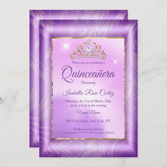 Invitation Quinceanera Purple photo Gold Tiara parti (Devant / Derrière)