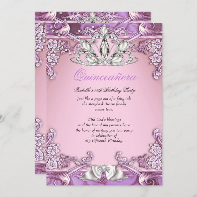 Invitation Quinceanera Purple Pink 15e fête d'anniversaire (Devant / Derrière)