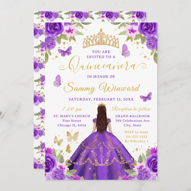 Invitation Quinceañera Purple Princess Brunette Girl (Devant / Derrière)