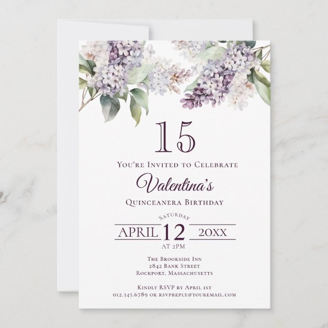 Invitation Quinceanera Purple Ressort Lilac Fleur (Devant)
