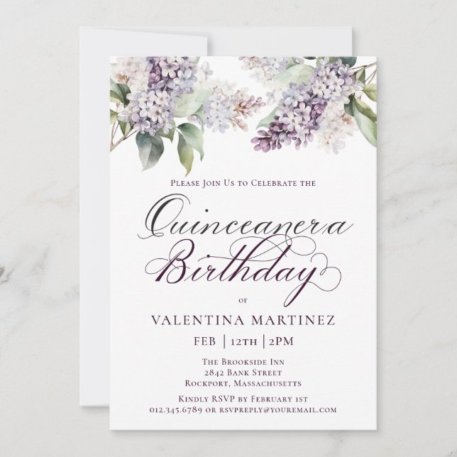 Invitation Quinceanera Purple Ressort Lilac Fleur Invit (Devant)