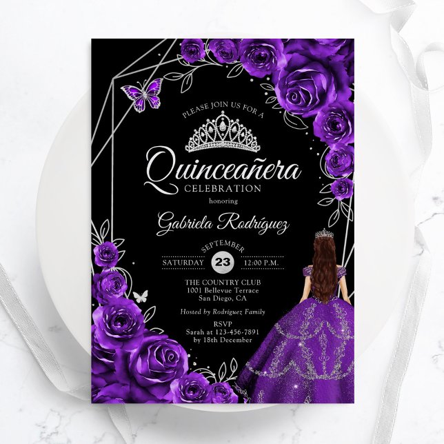 Invitation Quinceanera Purple Silver Butterfly Dress Floral (Créateur téléchargé)