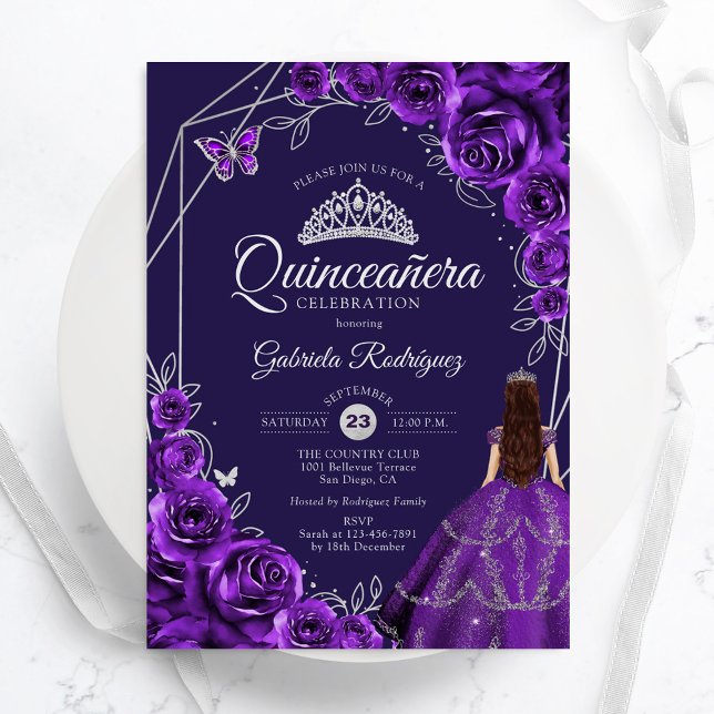 Invitation Quinceanera Purple Silver Dress Floral (Créateur téléchargé)