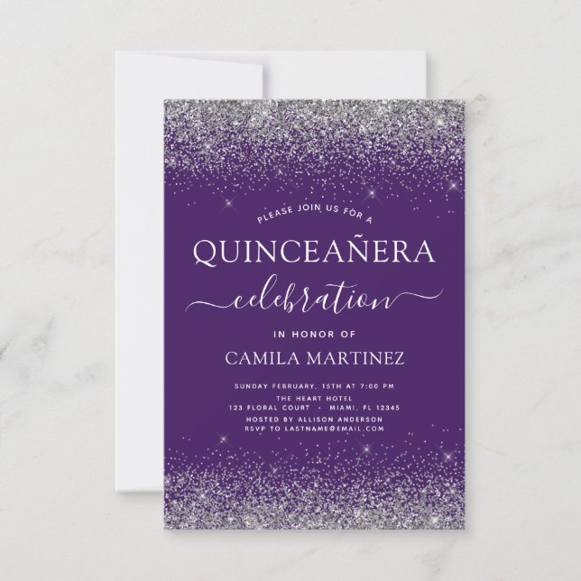 Invitation Quinceanera Purple Silver Parties scintillant mode (Devant)