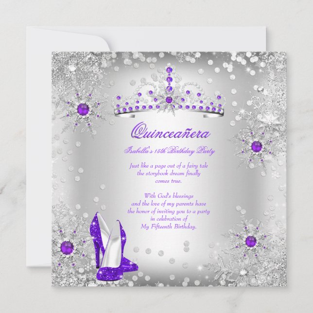 Invitation Quinceanera Purple Silver Winter Wonderland (Devant)
