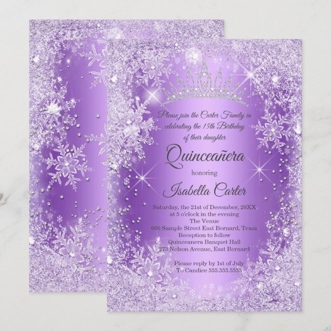 Invitation Quinceanera Purple Snowflake hiver Wonderland (Devant / Derrière)